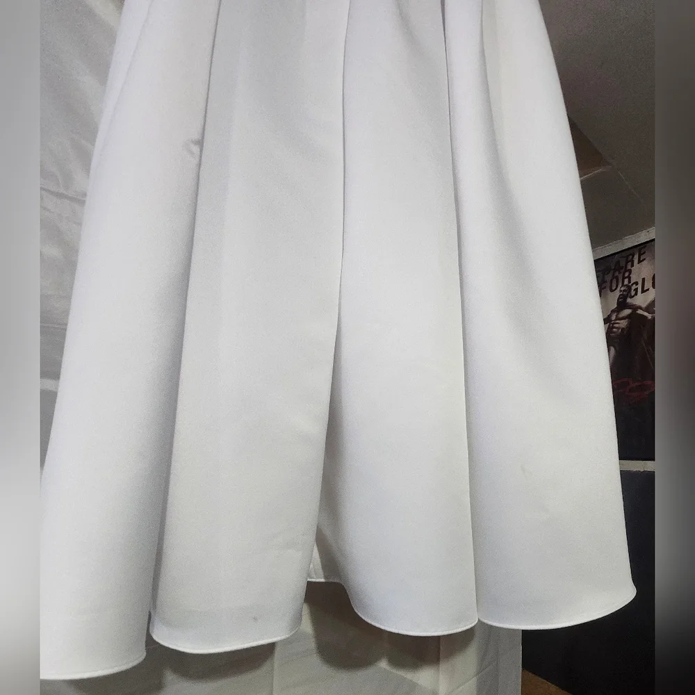David's Bridal Girl Satin Off Shoulder White Dress W/ Some Light Imperfections - Picture 4 of 11